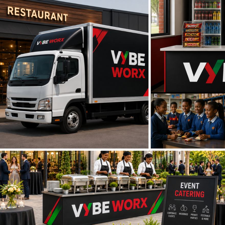 Vybe Worx branded delivery truck outside a restaurant