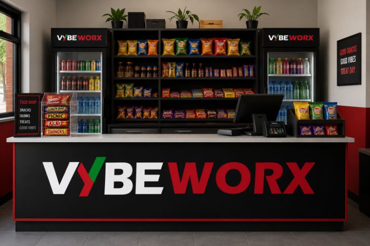Vybe Worx branded tuck shop counter stocked with snacks and drinks